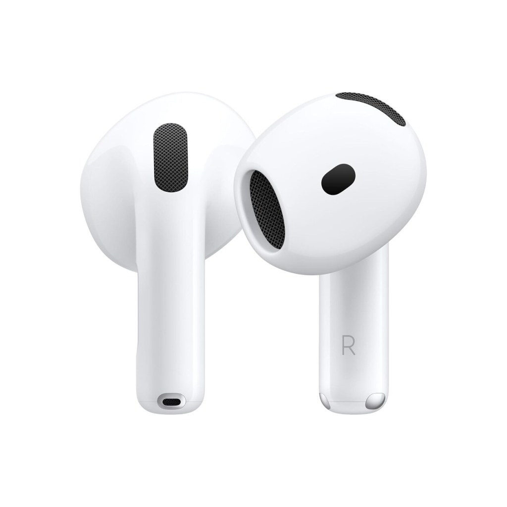 Apple AirPods 4 con cancelación activa de ruido mostrados completos sobre fondo blanco