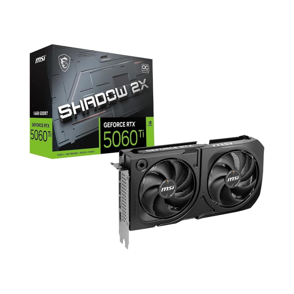 Tarjeta gráfica MSI GeForce RTX 5060 Ti Shadow 2X de 16 GB junto a su caja