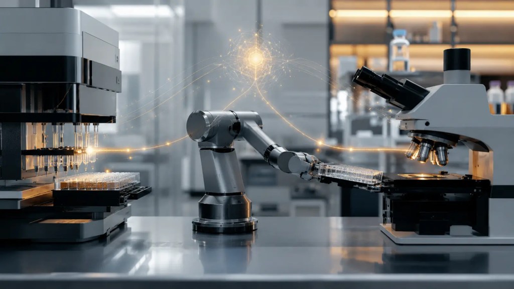 Brazo robótico coordinando un microscopio y un sistema de laboratorio mediante una red de inteligencia artificial