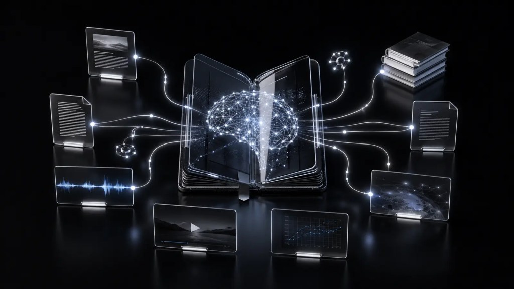 Representación de Gemini Notebook analizando documentos, vídeos, audio y datos en un espacio de investigación digital