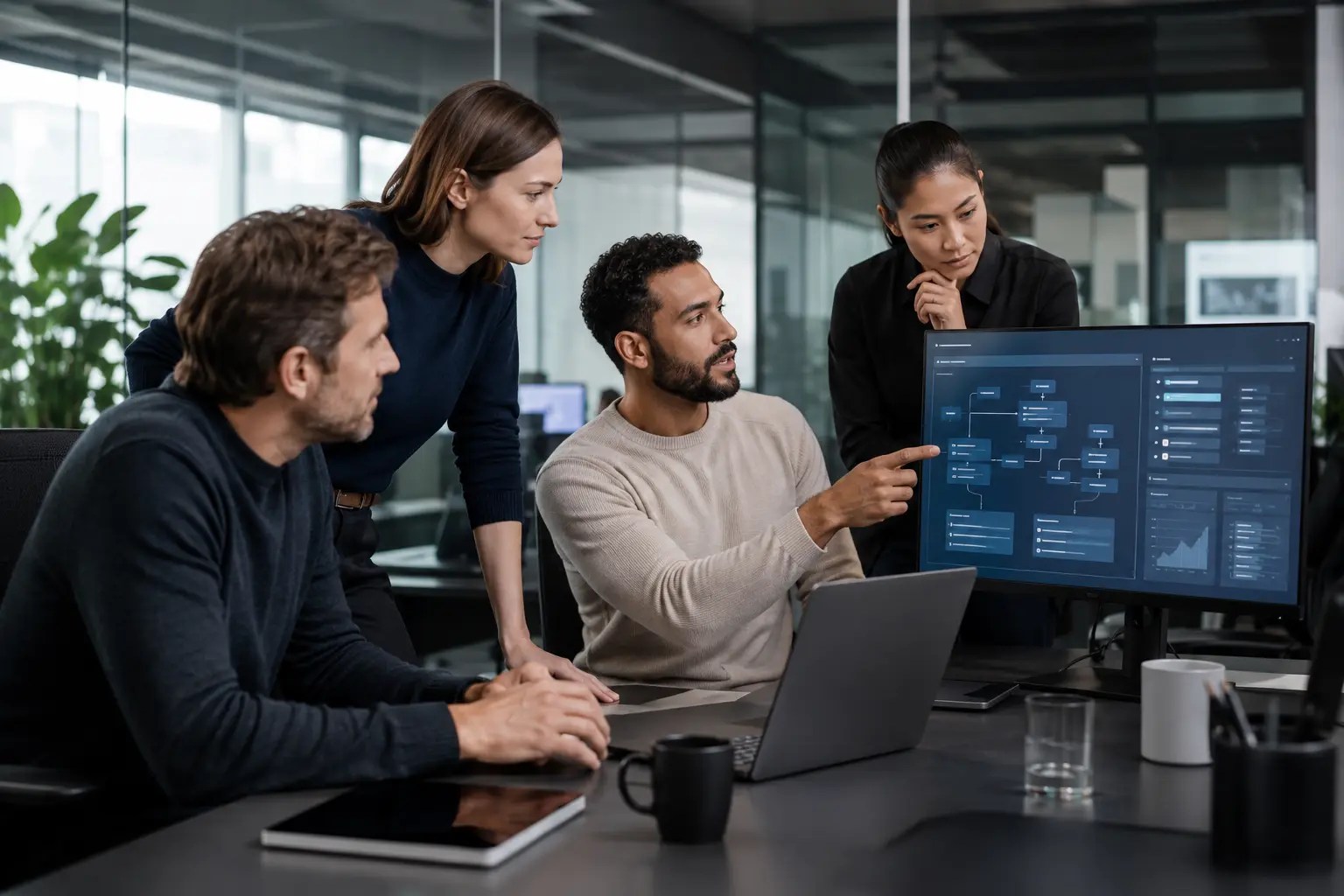 Equipo empresarial analizando un flujo de trabajo asistido por inteligencia artificial.