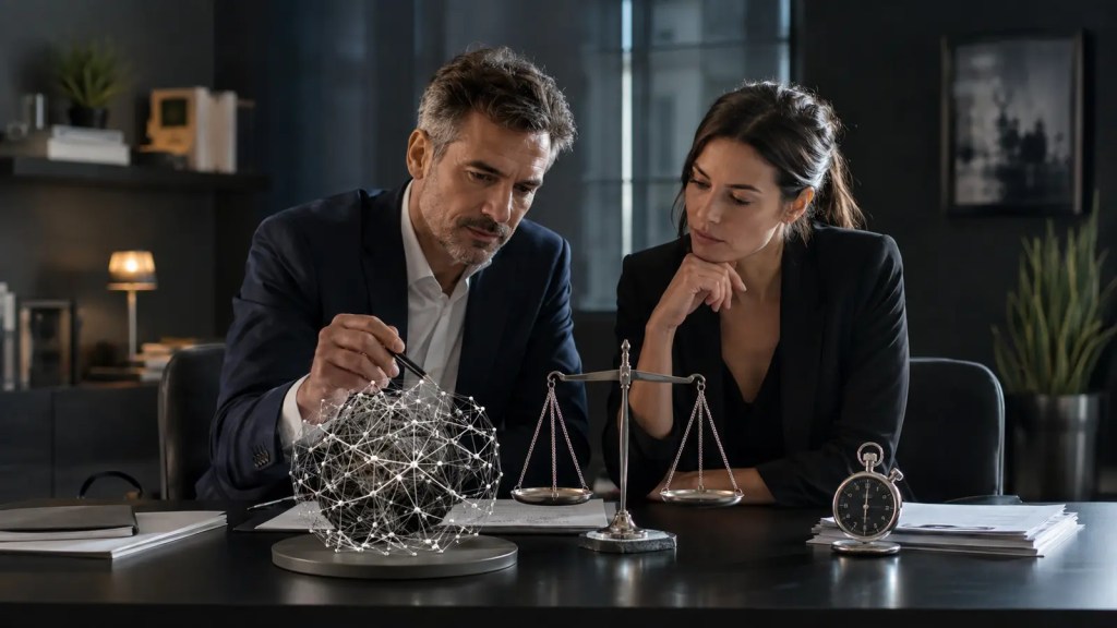 Dos responsables de una pyme analizan el retorno de una inversión en inteligencia artificial junto a una balanza y un cronómetro.