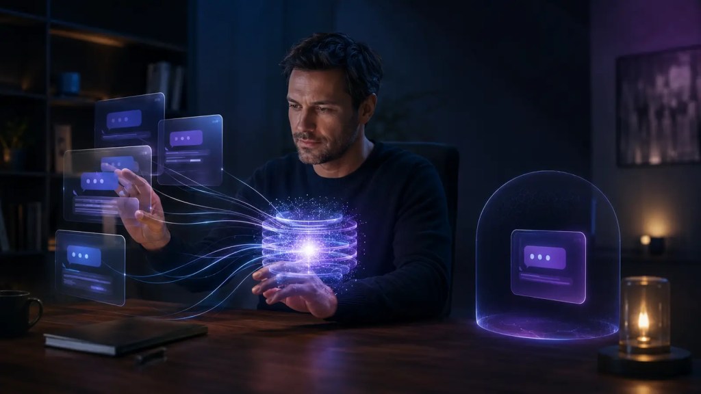 Persona organizando recuerdos y conversaciones anteriores con un asistente de inteligencia artificial en un espacio digital protegido.