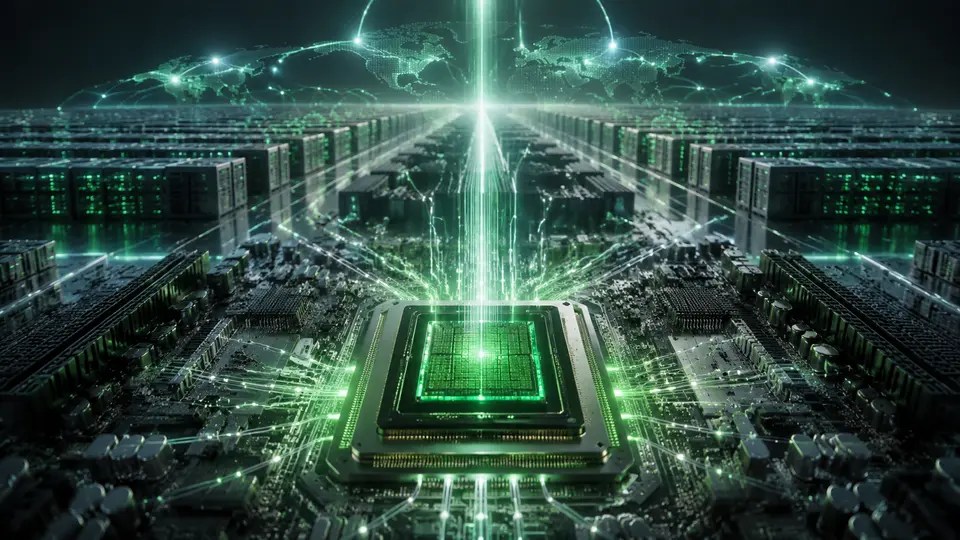 Chip de inteligencia artificial rodeado de servidores y conexiones verdes que representan el crecimiento de Nvidia