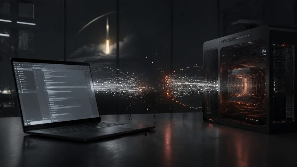 Ordenador con editor de código cuya conexión luminosa con un servidor de inteligencia artificial se interrumpe, con un cohete al fondo