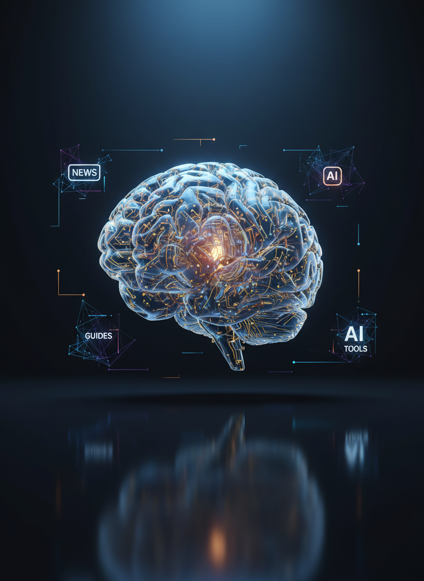 Una vista digital-art ultra detallada de un cerebro artificial translúcido formado por circuitos dorados y azules, suspendido sobre una superficie negra pulida que refleja sutilmente sus contornos. Alrededor flotan iconos abstractos que representan noticias, guías y herramientas de IA como pequeños hologramas geométricos, sin texto legible. Una luz fría azulada cae desde arriba, creando reflejos elegantes y sombras suaves, mientras un tenue resplandor cálido surge desde el interior del cerebro sintético. Composición centrada, perspectiva ligeramente elevada, nitidez total con un fondo degradado oscuro. El ambiente es sofisticado y futurista, con estética limpia, colores sobrios y detalles precisos, ideal como imagen principal para un medio de noticias de inteligencia artificial orientado a empresas.