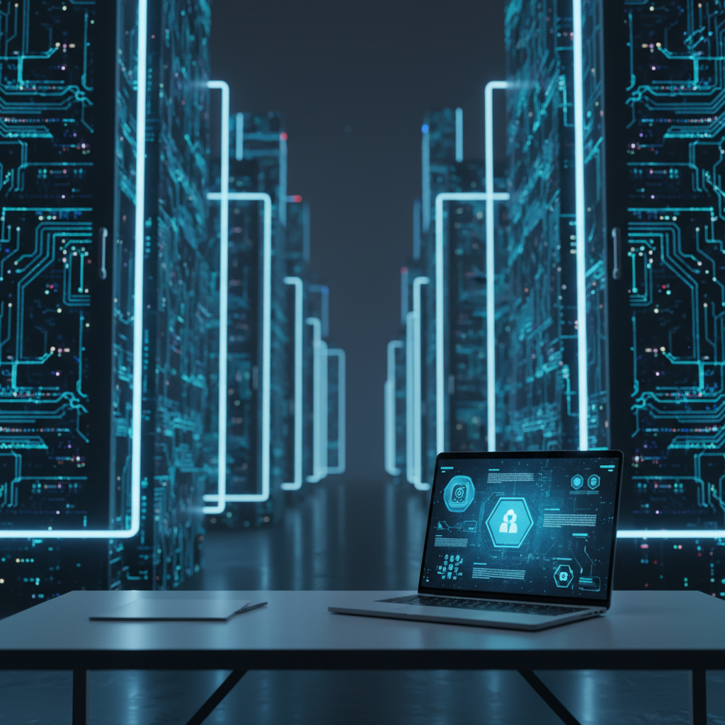 Un paisaje urbano nocturno estilo digital-art donde los edificios se transforman en enormes chips y servidores luminosos, con sus fachadas cubiertas por patrones de circuitos en tonos azules y cian. En primer plano, una mesa de trabajo minimalista con un portátil ultradelgado abierto, cuya pantalla proyecta gráficos abstractos de algoritmos y comparativas de herramientas de IA representadas como iconos geométricos sin texto. La escena está iluminada por luz de neón fría que perfila los bordes de la arquitectura y genera reflejos en la superficie lisa de la mesa. Composición en regla de los tercios, perspectiva a nivel de mesa, fondo ligeramente desenfocado. El ambiente es profesional, analítico y vanguardista, evocando el uso estratégico de la IA en empresas modernas.