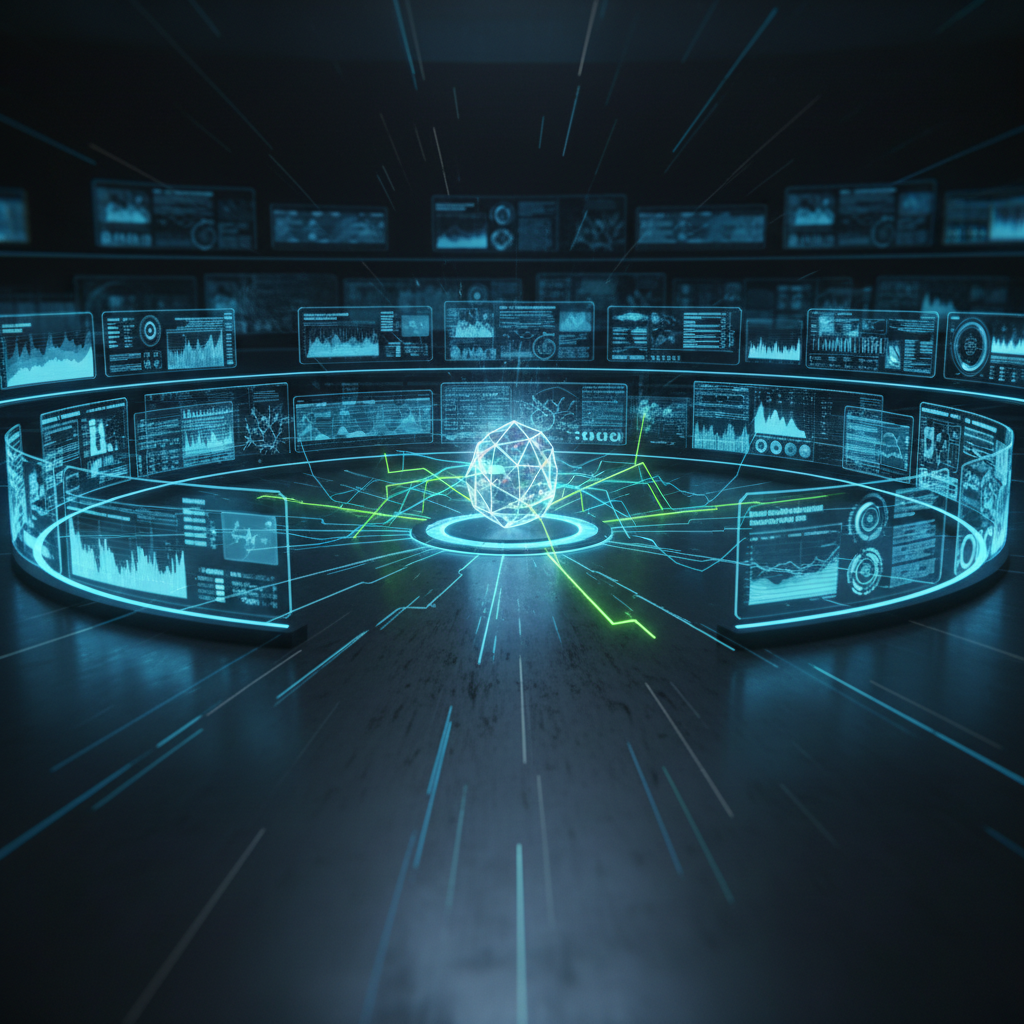 Una representación digital-art de un centro de mando de datos empresariales: una amplia sala oscura con filas de paneles holográficos flotantes organizados en semicírculo, mostrando mapas de calor, gráficos comparativos y tableros de control abstractos relacionados con el rendimiento de herramientas de inteligencia artificial. En el centro, una estructura poligonal cristalina que actúa como “núcleo de IA”, irradiando líneas de luz que conectan con cada panel. Iluminación principal proveniente de los hologramas en tonos azules y verdes, generando un brillo tecnológico sobre el suelo metálico pulido. Composición panorámica, ángulo ligeramente bajo para dar sensación de escala, con alto nivel de detalle en los paneles y el núcleo. El ambiente es estratégico, corporativo y sofisticado, orientado a decisiones empresariales basadas en IA.