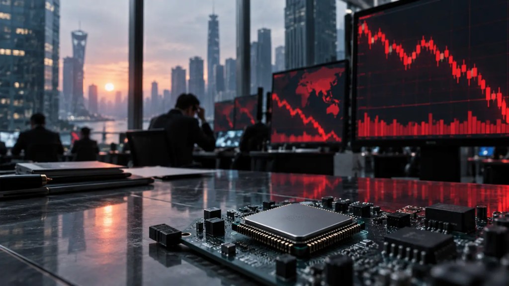 Microchip en una mesa de negociación con gráficos bursátiles rojos y un distrito financiero asiático al fondo