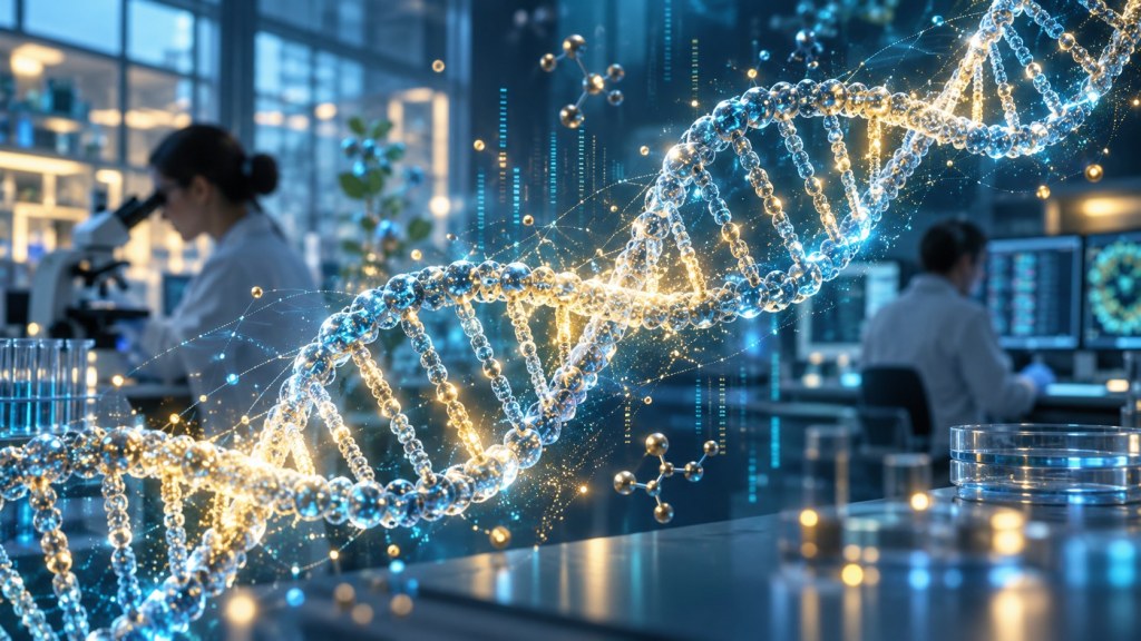 Ilustración conceptual de una doble hélice de ADN y un laboratorio de investigación genética.