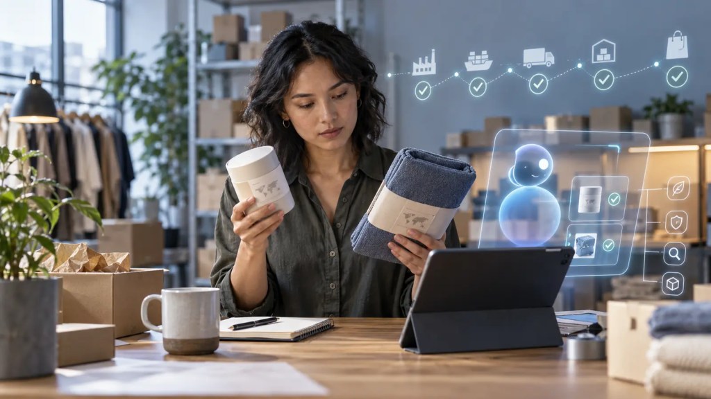 Una comerciante comprueba el origen de dos productos con ayuda de un asistente de compra basado en inteligencia artificial