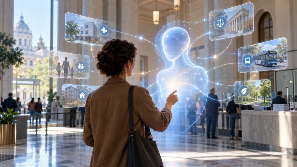 Ilustración conceptual de una ciudadana usando un asistente de inteligencia artificial para acceder a servicios públicos