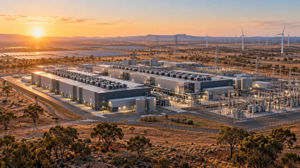 Representación editorial de un gran centro de datos de IA en el paisaje rural australiano con infraestructura eléctrica y energías renovables