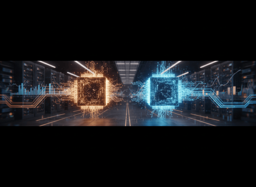 Representación de dos sistemas de inteligencia artificial compitiendo ante gráficos financieros y centros de datos