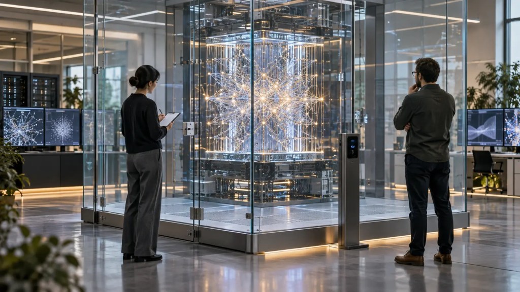 Dos evaluadores externos supervisan un sistema de inteligencia artificial protegido tras una estructura de cristal