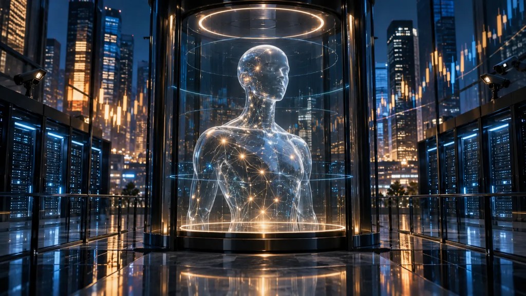Representación conceptual de una inteligencia artificial contenida ante un distrito financiero y centros de datos