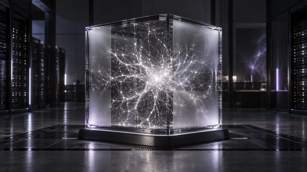 Ilustración conceptual de una red de conexiones luminosas dentro de un núcleo de cristal, sobre razonamiento y supervisión de la IA.