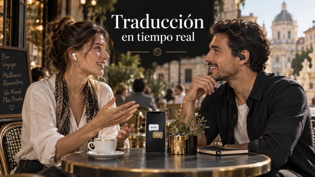 Escena conceptual de dos viajeros conversando con auriculares de traducción en una cafetería.