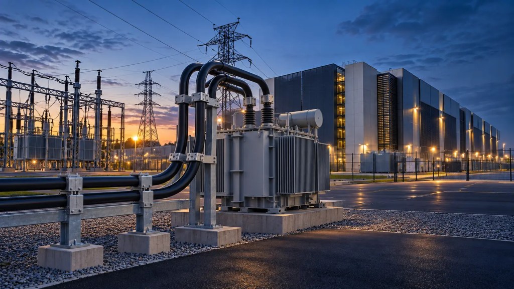 Centro de datos de inteligencia artificial junto a una subestación y un transformador eléctrico