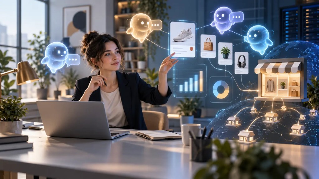 Ilustración conceptual de una profesional gestionando anuncios conversacionales con agentes de inteligencia artificial y un comercio electrónico