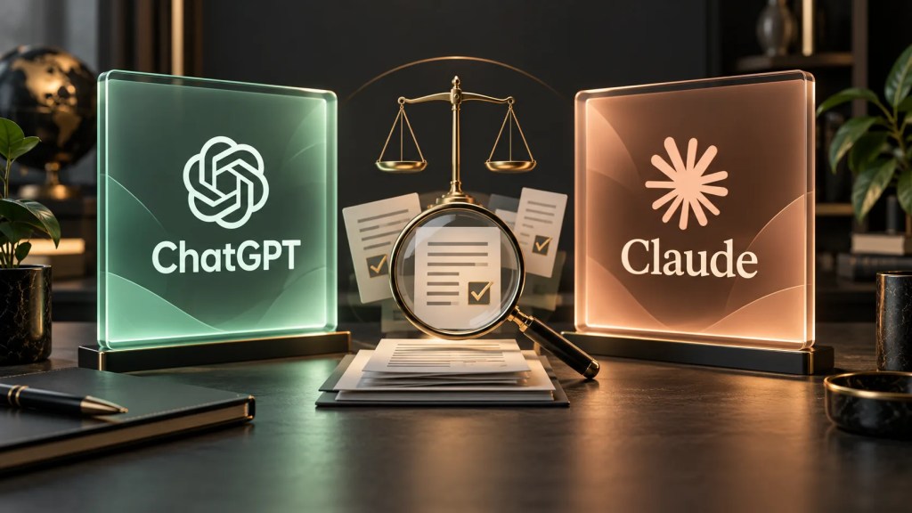 Ilustración conceptual de ChatGPT y Claude frente a una balanza y una lupa para comparar la fiabilidad de sus respuestas.