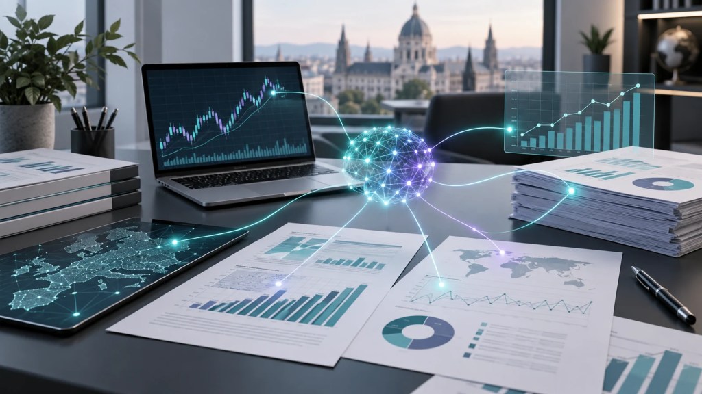 Mesa de análisis financiero con informes, gráficos y conexiones luminosas que representan una IA empresarial