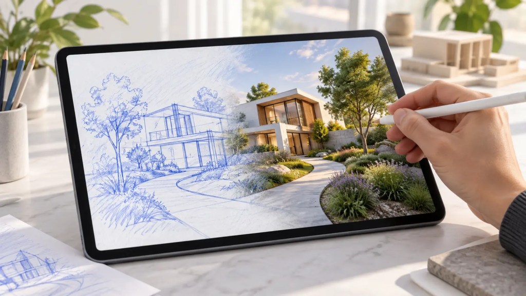 Un boceto azul de una casa se transforma en una visualización realista en una tableta mientras una mano usa un lápiz digital