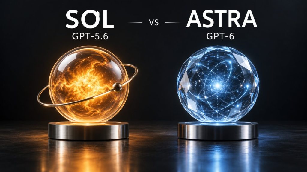 Ilustración comparativa de GPT-5.6 Sol y GPT-6 Astra, con dos esferas luminosas ámbar y azul.