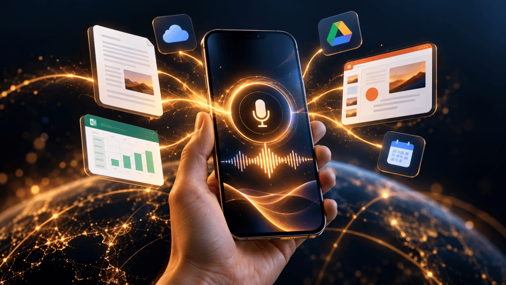 Un teléfono móvil con un micrófono de voz conectado a documentos, presentaciones y hojas de cálculo mediante inteligencia artificial