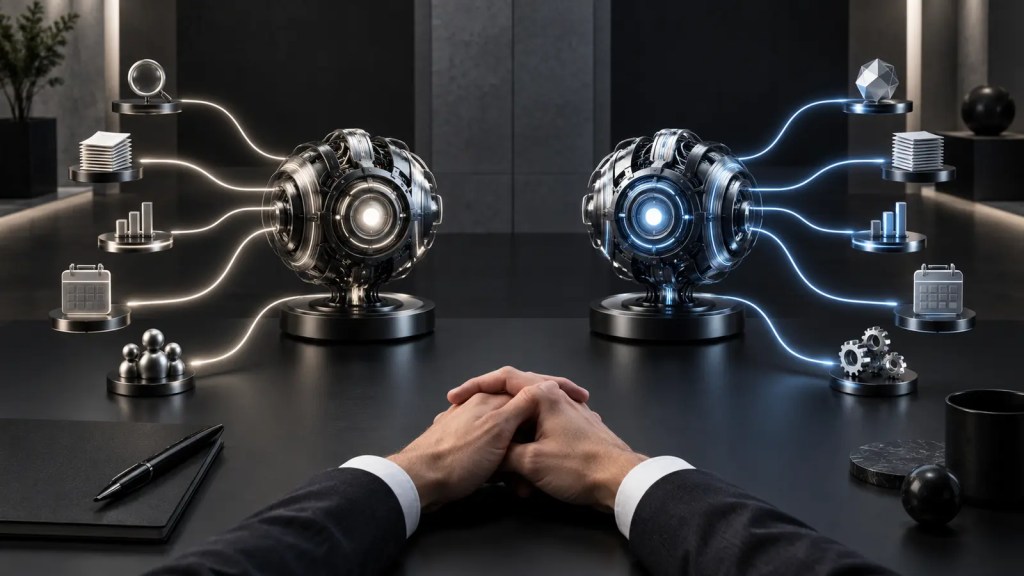 Dos sistemas de inteligencia artificial autónomos comparados mientras una persona evalúa sus resultados