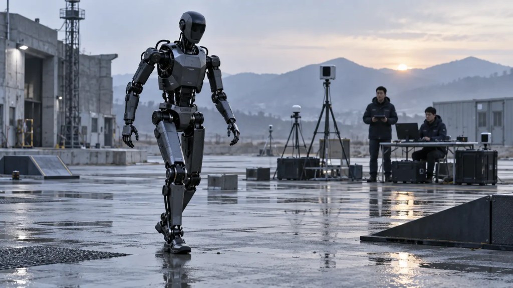 Robot humanoide experimental durante una prueba controlada de movilidad observada por dos técnicos.