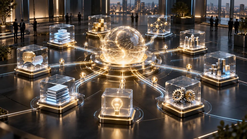 Ecosistema empresarial de inteligencia artificial con un núcleo central conectado a módulos de software, agentes y servicios