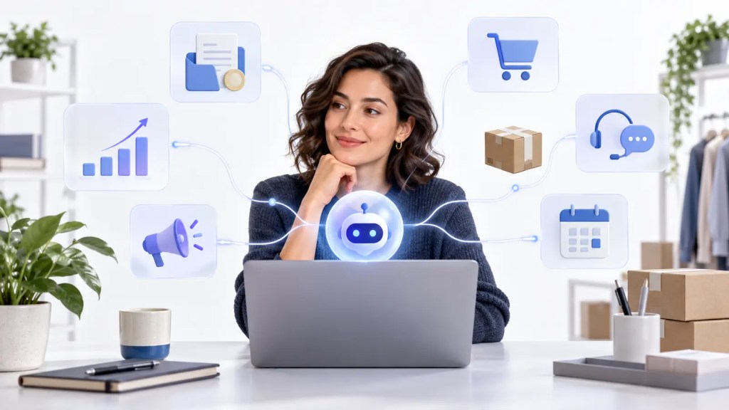 Ilustración editorial de una empresaria supervisando flujos de IA conectados para finanzas, ventas, inventario, marketing y atención al cliente