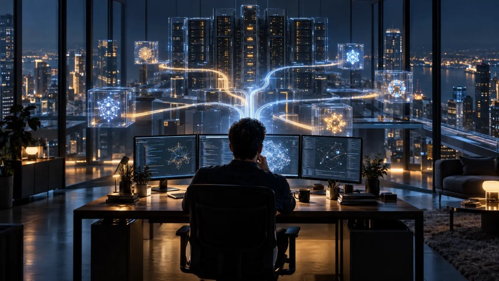 Ingeniero ante una red luminosa de agentes de software y servidores que simboliza la inversión en inteligencia artificial