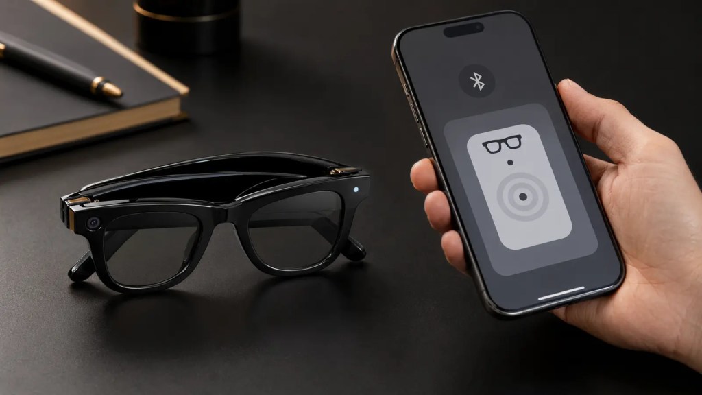 Gafas inteligentes negras junto a un teléfono durante el emparejamiento por Bluetooth.