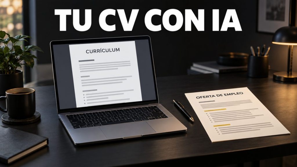 Portátil con un currículum junto a una oferta de empleo, bajo el texto «Tu CV con IA».