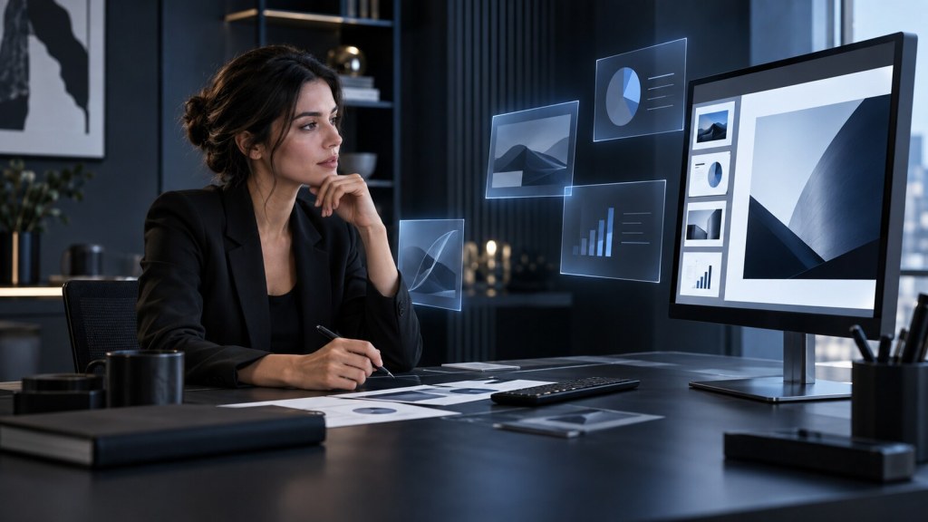 Profesional revisando una presentación creada con ayuda de inteligencia artificial.