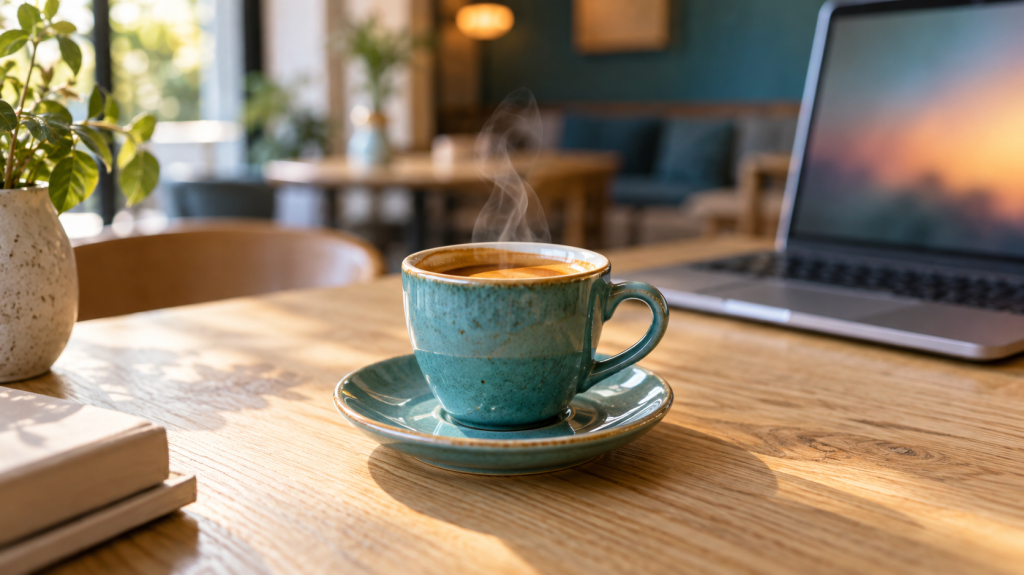 Taza de café turquesa con vapor sobre una mesa y un portátil al fondo.