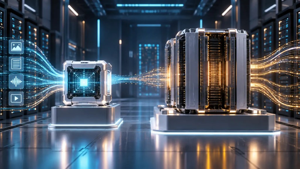 Dos núcleos de inteligencia artificial de distinto tamaño conectados por flujos de datos en un centro de datos