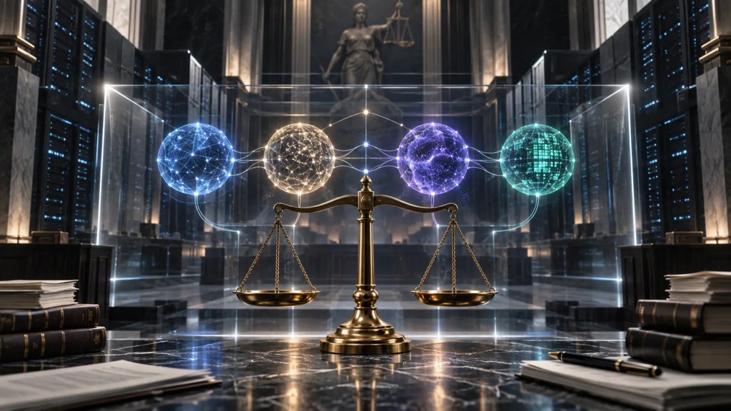 Balanza de la justicia ante cuatro redes de inteligencia artificial conectadas en un centro de datos