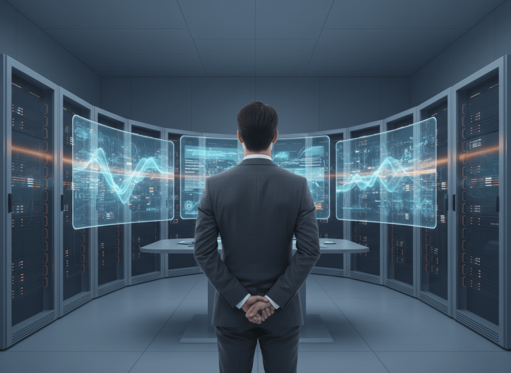 Ilustración conceptual de una sala de servidores con una persona supervisando sistemas de inteligencia artificial