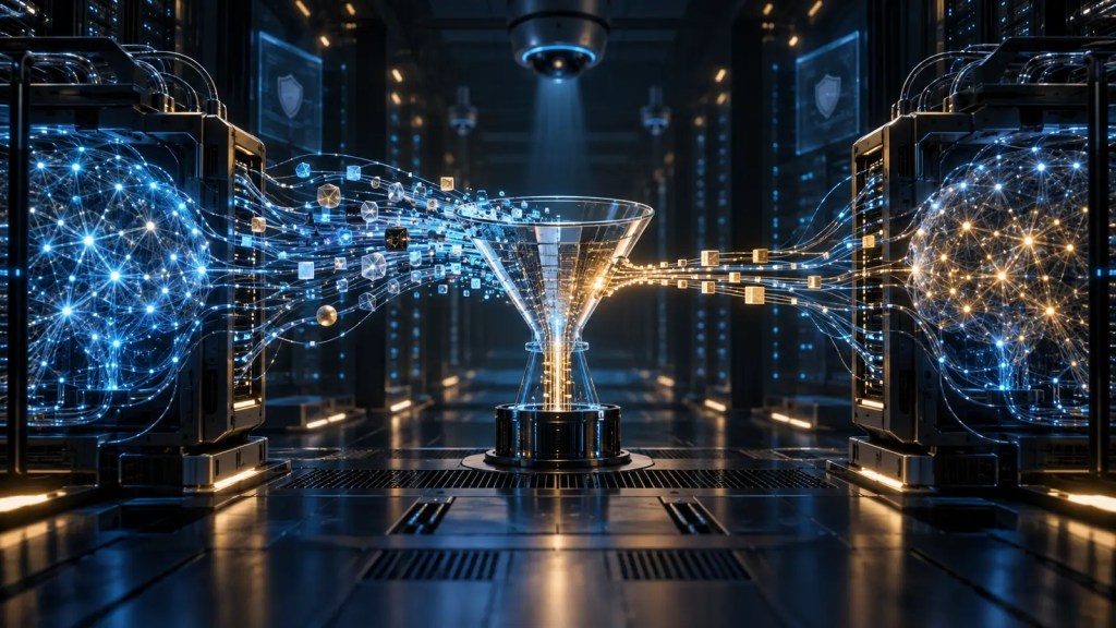 Dos sistemas de inteligencia artificial conectados mediante un flujo masivo de datos que atraviesa un embudo digital