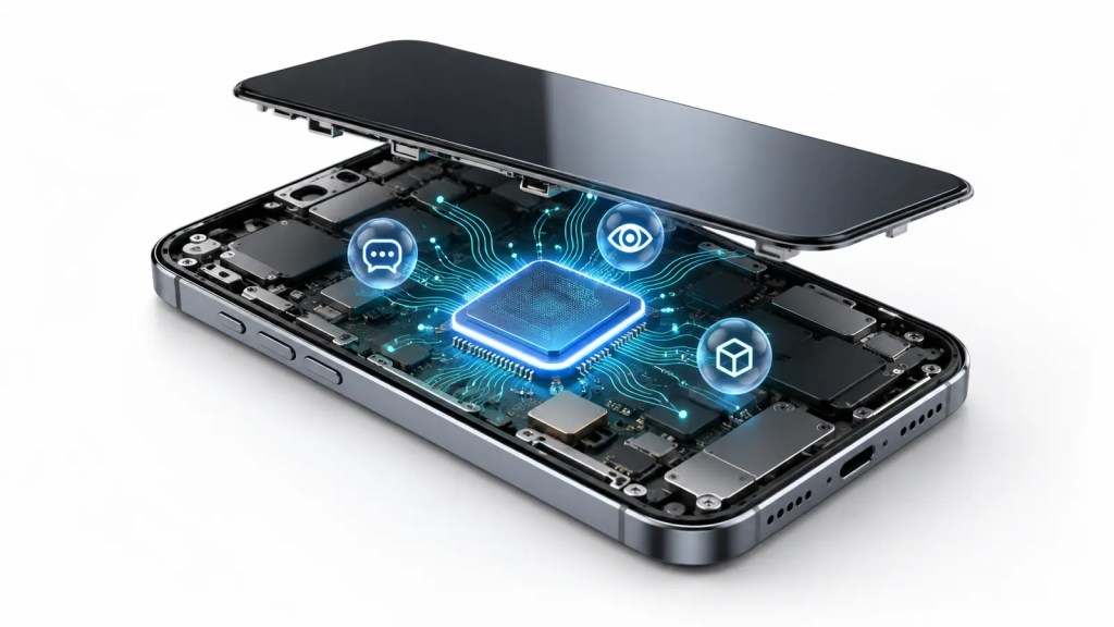 Ilustración conceptual de un chip de inteligencia artificial integrado en el interior de un teléfono móvil