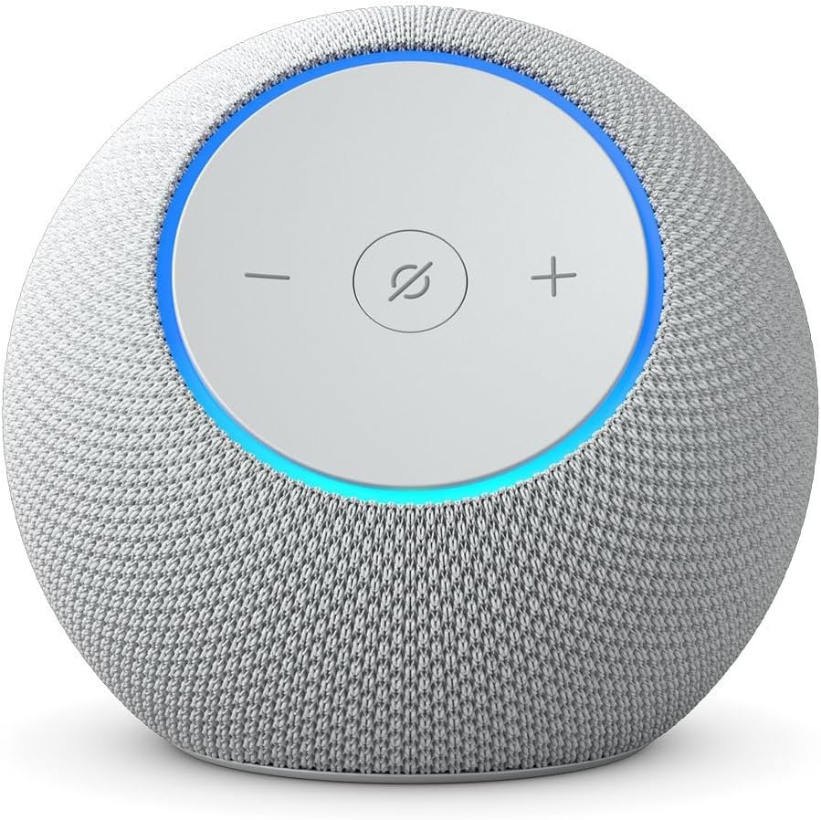 Amazon Echo Dot Max blanco completo, con controles de volumen y micrófono y aro luminoso azul