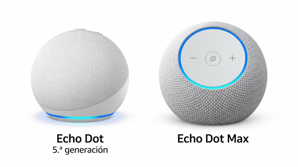 Echo Dot de 5.ª generación a la izquierda y Echo Dot Max a la derecha, ambos blancos y completos