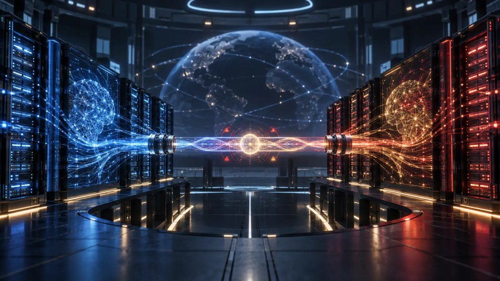 Dos sistemas de inteligencia artificial conectados por un canal seguro entre servidores azules y rojos