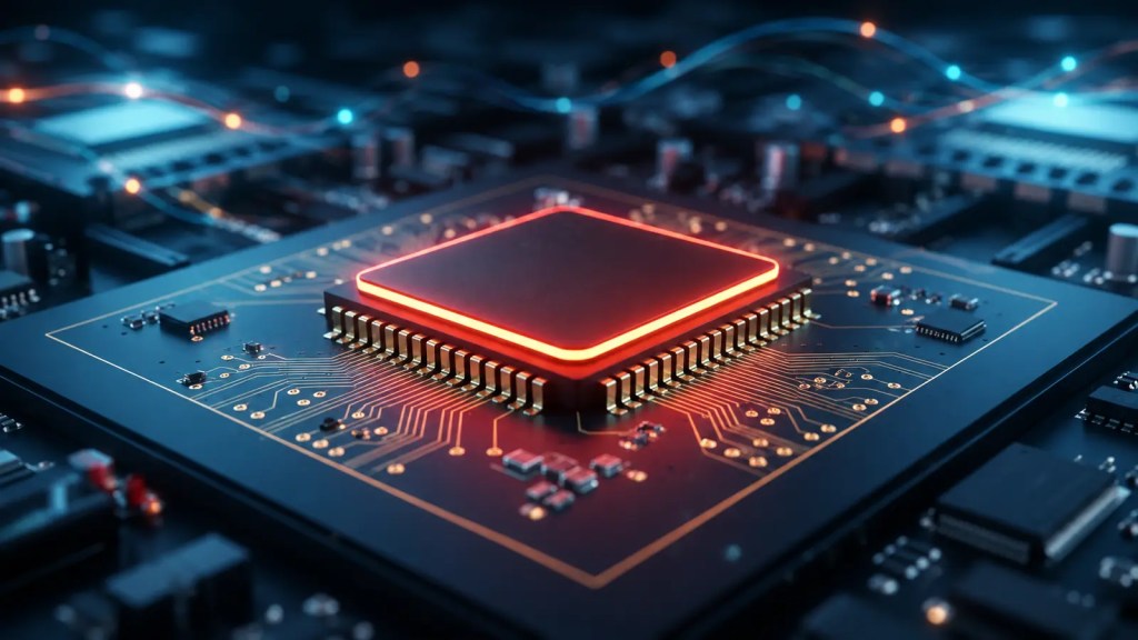 Acelerador de inteligencia artificial genérico sobre una placa de servidor con iluminación roja y azul