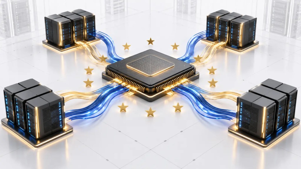 Ilustración conceptual de un chip de inteligencia artificial conectado a servidores con líneas azules y doradas