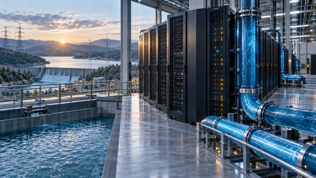 Centro de datos con servidores, tuberías de refrigeración por agua y red eléctrica en un paisaje europeo