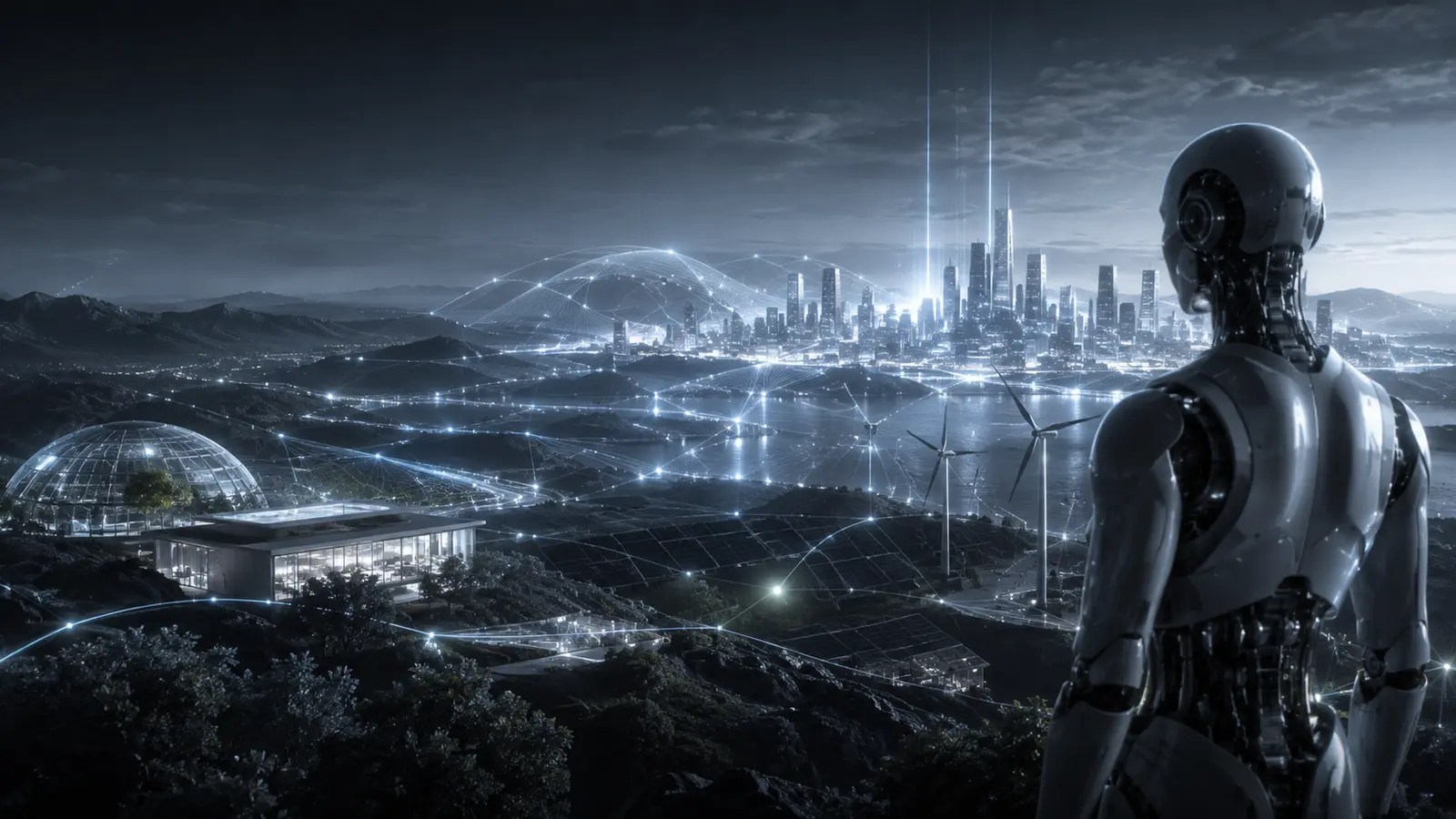Paisaje del futuro con robótica, energía renovable, ciencia y una ciudad conectada por inteligencia artificial.
